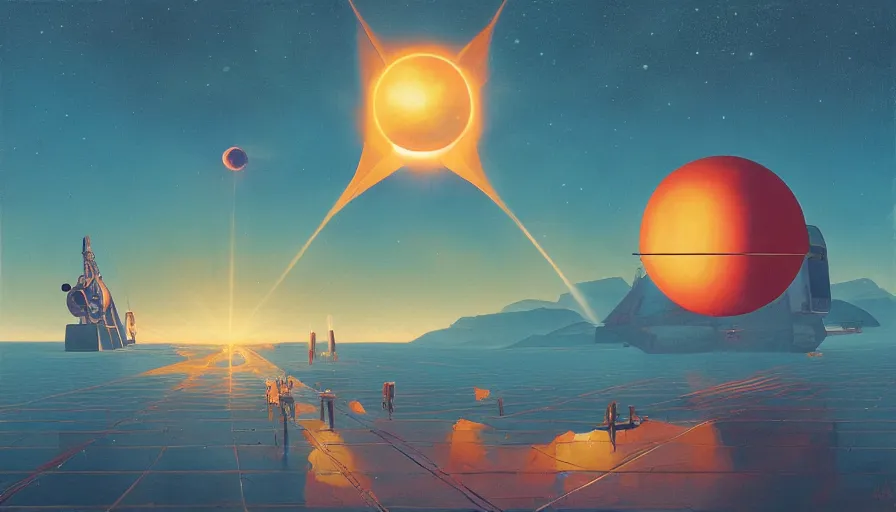 Image similar to solar sail floating in front of the sun in space, simon stalenhag, art deco painting