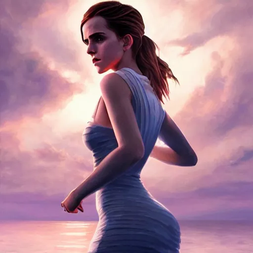 Image similar to highly detailed painting of emma watson wearing a skintight dress, gta 5 cover art, stephen bliss, 8 k, by greg rutkowski, artgerm, loish, rhads, global illumination, radiant light, detailed and intricate environment