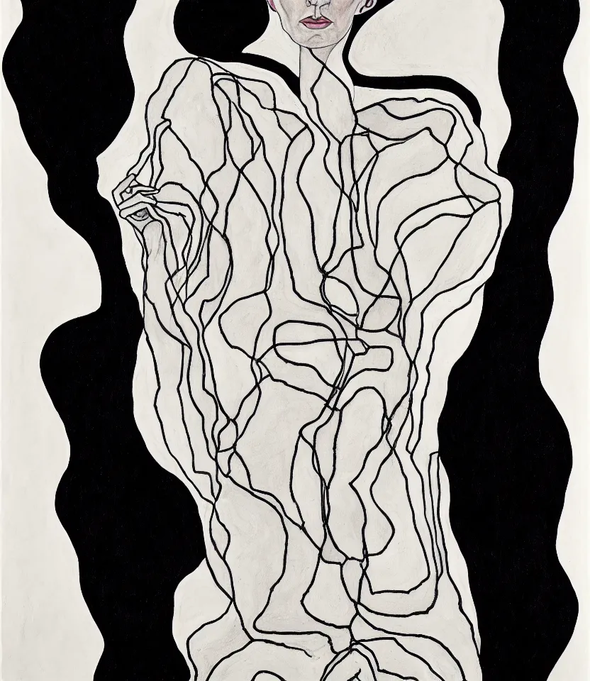 Image similar to detailed line art portrait of georgia o'keeffe, inspired by egon schiele. caricatural, minimalist, bold contour lines, musicality, soft twirls curls and curves, confident personality, raw emotion