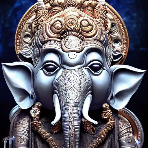 Image similar to biomechanical Ganesha , hyper-realistic futuristic portrait, intricate details, fantasy character, supersharp, hypermaximalist, dramatic lighting, hajime sorayama, Indian god, Ganesha, ganapati, vinayak, futuristic portrait photorealistic Ganesha