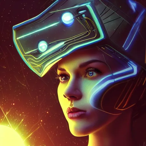 Image similar to celestial female machine, facial portrait, retro-futuristic, legendary epic shot, 90s make-up, galaxy space hunter, cyber implants, wires, low angle, dawn, by artgerm, julie bell, beeple and Greg Rutkowski, airbrush, science fantasy, 90s, concept art, realistic matte painting, Smooth gradients, octane render, 8k, High contrast, duo tone, depth of field, volumetric lightning, very coherent, symmetrical, skin pore detail