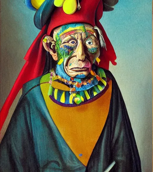 Image similar to Portrait painting in a style of Hieronim Bosch of an old shaman dressed in a colorful traditional clothes.