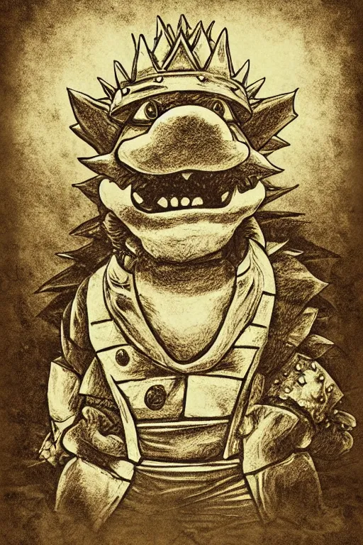 Prompt: bowser king koopa, portrait, full body, symmetrical features, silver iodide, 1 8 8 0 photograph, sepia tone, aged paper, master prime lenses, cinematic