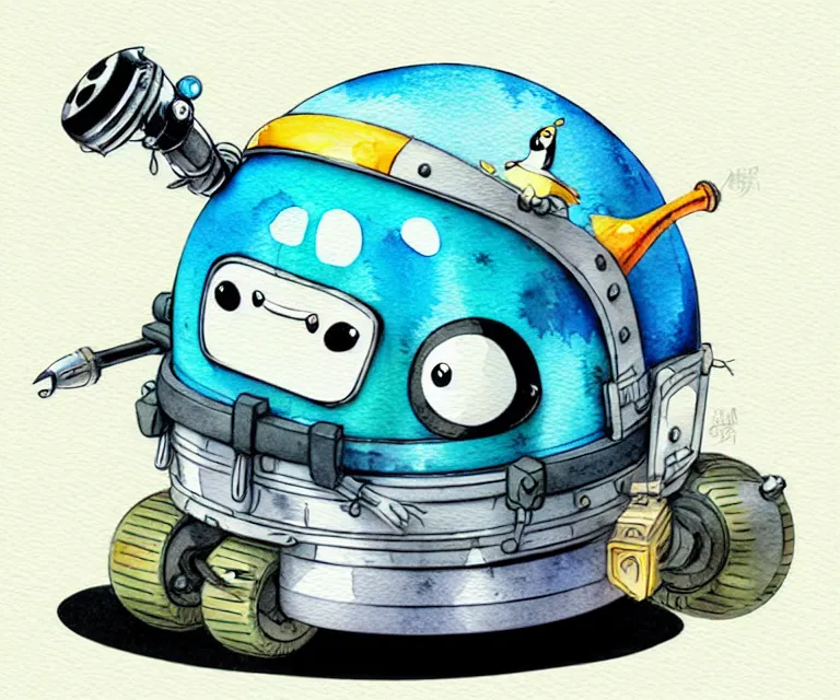 Image similar to cute and funny, penguin wearing a helmet riding in a tiny tank with a large cannon, ratfink style by ed roth, centered award winning watercolor pen illustration, isometric illustration by chihiro iwasaki, edited by range murata, tiny details by artgerm and watercolor girl, symmetrically isometrically centered, sharply focused