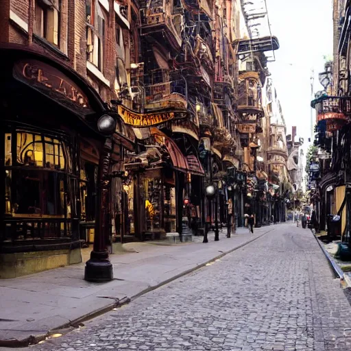 Image similar to streetview of a steampunk city.