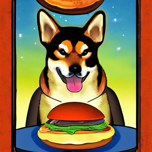 Image similar to a fortune-telling shiba inu reading your fate in a giant hamburger, digital art