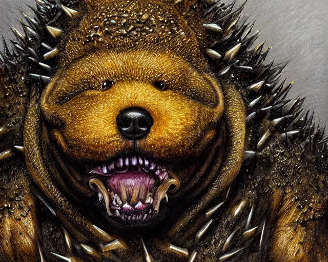 Prompt: Haunting horrifying hyperrealistic detailed painting of a fat dog canine creature made of spikes, heavy metal, disgusting, creepy, unsettling, and glowing golden yellow eyes, hyper detailed, trending on Artstation