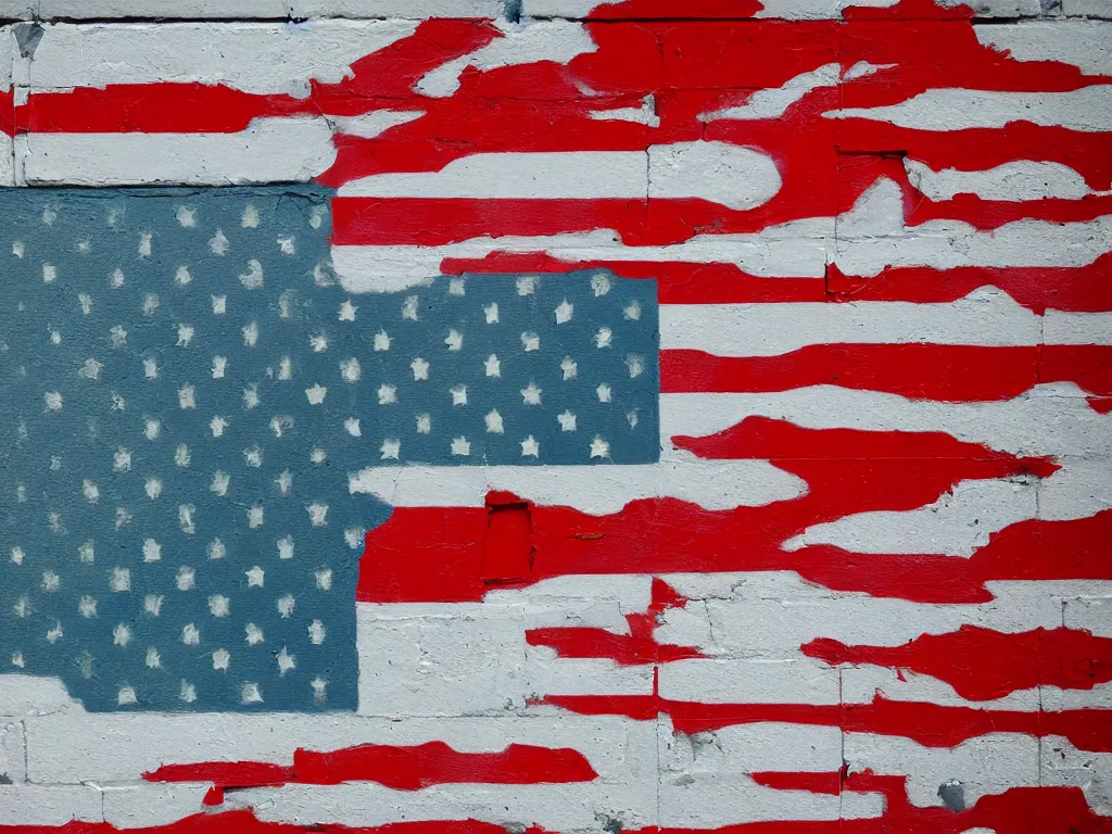 Image similar to an old cinder block wall on the side of a city building painted with a hyperrealistic american flag, cracked paint, aging