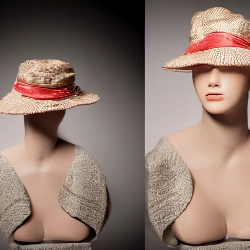 Image similar to a beautiful hat made out of a splashing water, on a mannequin. high quality, high resolution, studio lighting