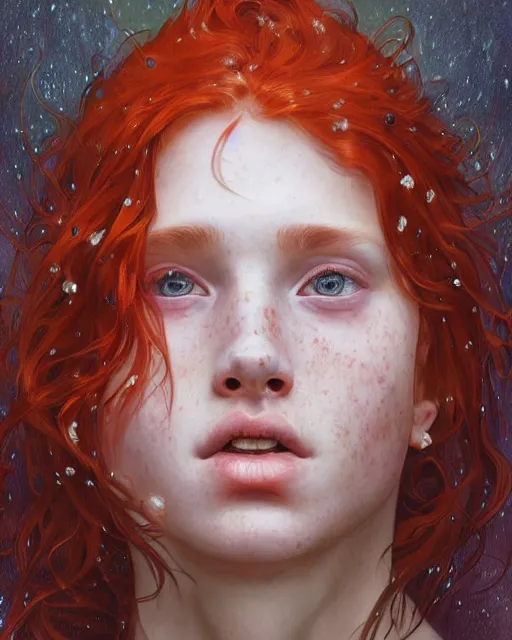 Image similar to portrait of 1 4 - year - old girl with flaming red hair, a lot of freckles, and bright brown eyes, wearing shirt, hyper realistic face, beautiful eyes, fantasy art, in the style of greg rutkowski, intricate, alphonse mucha, hyper detailed, smooth