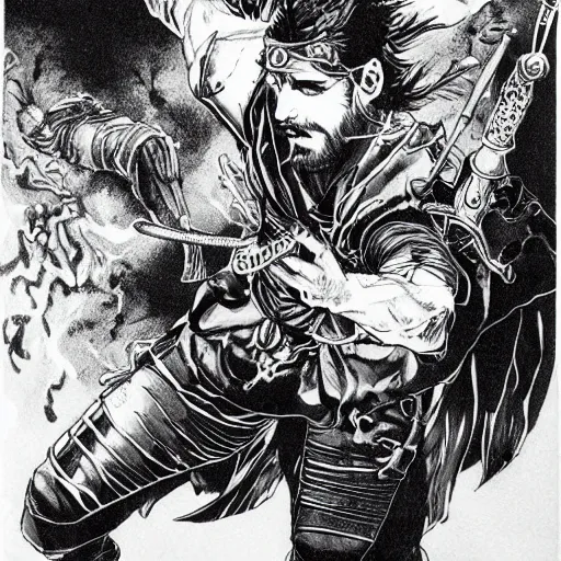 Prompt: pen and ink!!!! attractive 22 year old cyborg Frank Zappa x Ryan Gosling golden Vagabond!!!! magic swordsman glides through a beautiful battlefield magic the gathering dramatic esoteric!!!!!! pen and ink!!!!! illustrated in high detail!!!!!!!! by Hiroya Oku!!!!!!!!! Written by Wes Anderson graphic novel published on shonen jump MTG!!! 2049 award winning!!!!