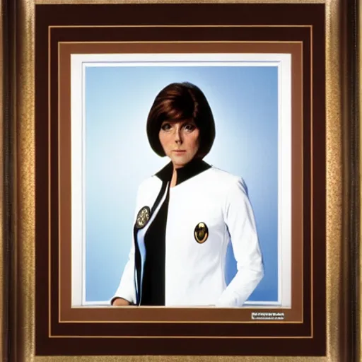 Image similar to a full body photograph of 1 9 7 0 s doctor who elisabeth sladen as a star fleet science officer from star trek next generation, full dress uniform, symmetrical face, extreme realism and detail, 8 k, completely framed, direct lighting, 3 5 mm photo, photorealistic, sharp focus