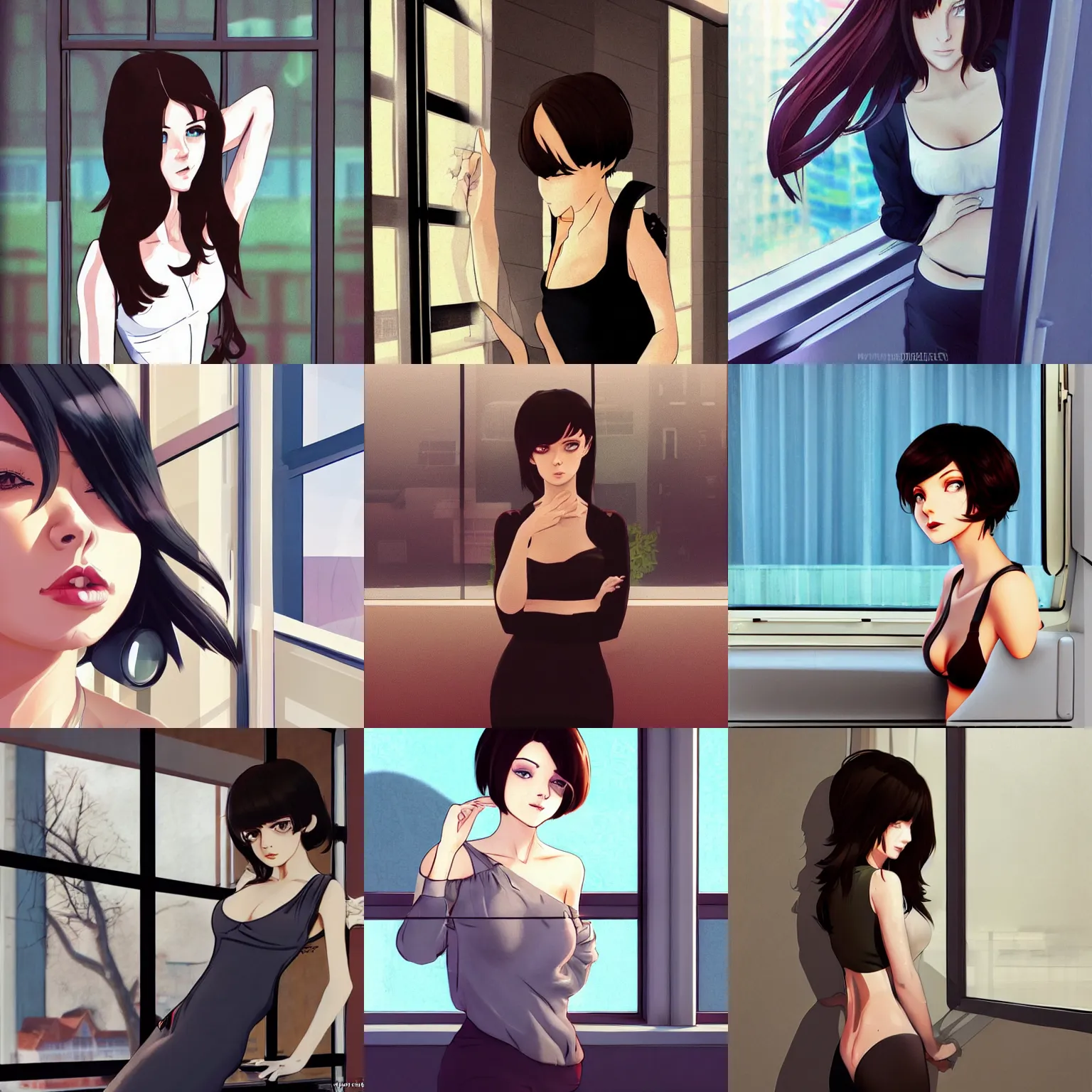 Prompt: sexy girl with dark brown hair, leaning against the window, in the style of ilya kuvshinov