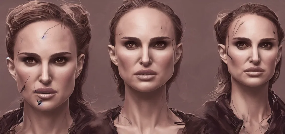 Image similar to character sheet concept art of natalie portman as a villain, realistic, hyperrealistic, photographic, costume, wlop, dan mumford, greg rutkowski, high detail, octane render, alexander mcqueen, james gurney, photo, 8 k, intricate