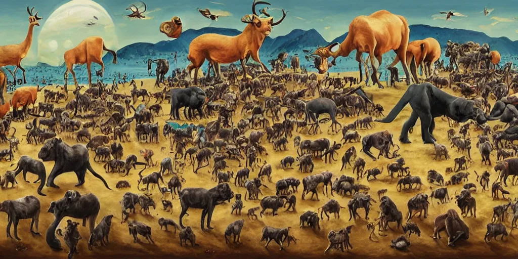 Prompt: disease decimating a global population, animals ruling the world, painting by max earnst