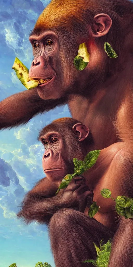 Prompt: a hyperdetailed rendering of a great random monkey gorilla eating random fruits in random landscape at random time, psychedelic art by greg rutkowski, artwork by michelangelo buonarroti and artwork by kinkade, hdr, 4 k, artstation, cgsociety, unreal engine