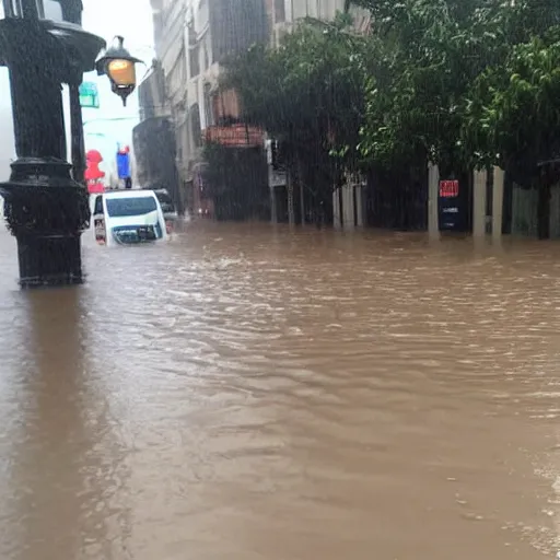 Image similar to city is flooded by heavy rain. A car is middle of the street flooded.