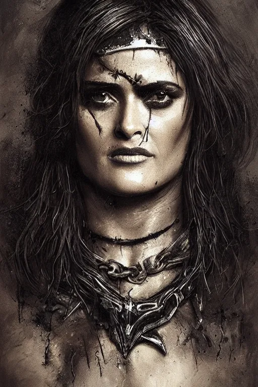 Image similar to portrait, Salma Hayek , barbarian , dressed in tattered black leather , face portrait, raphael lacoste, eddie mendoza, alex ross, concept art, matte painting, highly detailed, rule of thirds, dynamic lighting, cinematic, detailed, denoised, centred