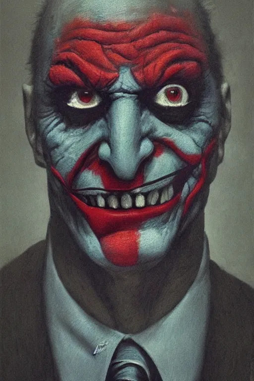 Prompt: Portrait of Joker, dc comics, dark, artstation, painted by Zdislav Beksinski