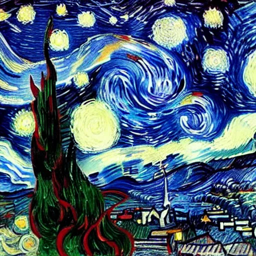 Image similar to A post-Impressionist oil painting of a night sky roiling with chromatic blue swirls, a glowing yellow crescent moon, and stars rendered as radiating orbs, over a village. A large stylized cypress tree is in the left foreground. By Vincent van Gogh, 1889.