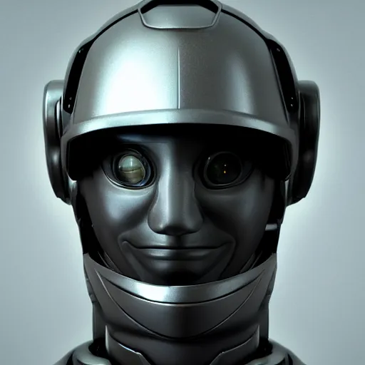 Image similar to an amazing robot-helmet, robotic head-bust portrait, of a sci-fi, human robot hybrid with weaponized systems built into the 3d helmet, cgi, zbrush, blender, octane render