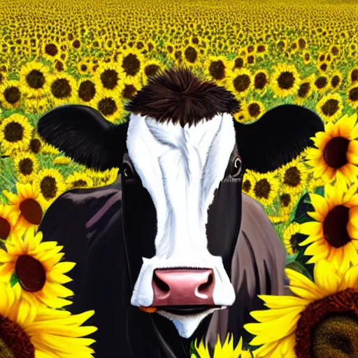 Prompt: head portrait of southern belle cow, surrounded by sunflowers outside in a field, 4k, illustration