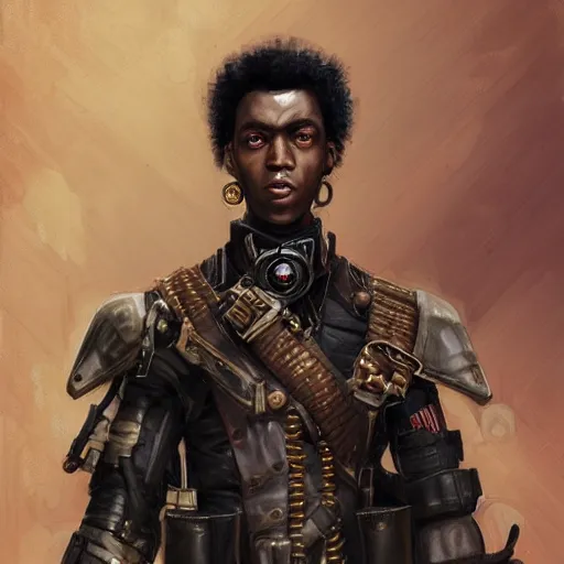 Image similar to portrait of a man by ayami kojima, afroamerican, he is about 2 0 years old, short black hair, annoyed older brother vibes, he is wearing a steampunk tactical gear, highly detailed portrait, digital painting, artstation, concept art, smooth, sharp foccus ilustration, artstation hq