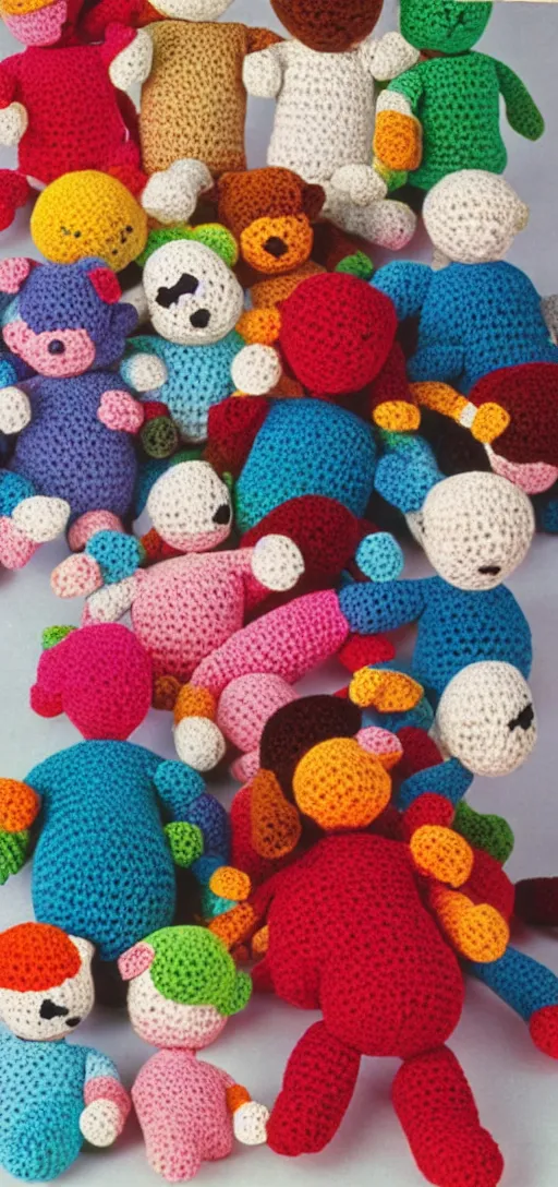 Image similar to multicolored crocheted teddy bears, 1 9 8 0 s catalogue photography