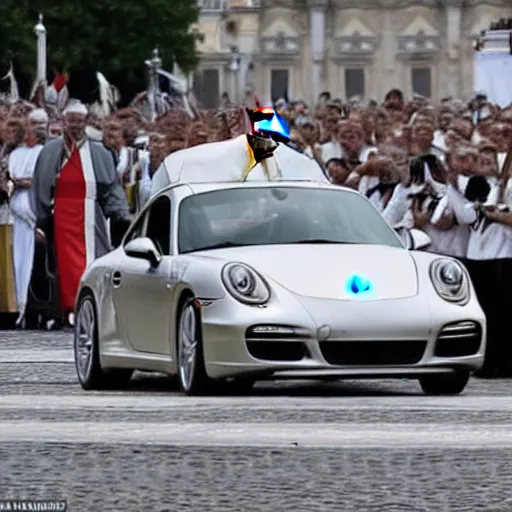 Image similar to a stunning award-winning photo of the Pope doing a sick drift in his Porsche on St. Peter's square, dark tire marks, gray smoke coming out of the tires, very high quality, extremely detailed