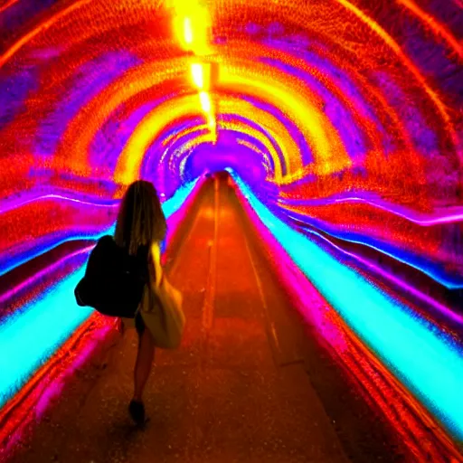 Image similar to woman on an acid trip through a tunnel, neon volumetric lights,