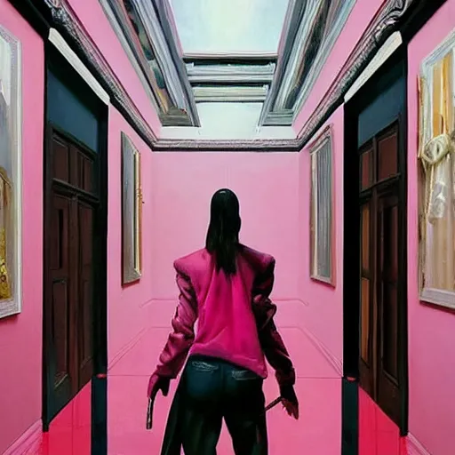 Prompt: diego dayer, alex gross, hyperrealistic surrealism, award winning masterpiece with incredible details, a surreal vaporwave painting of bright pink door leading to nowhere, mirrors everywhere, highly detailed, hallway with black and white checkered floor, intricate, elegant