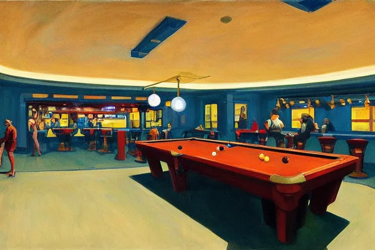 Prompt: a space station bar in jupiter with humans playing pool interacting and drinking, artstation, concept art by edward hopper, colorful lighting