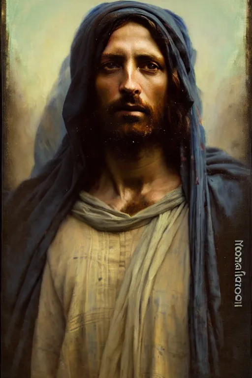 Image similar to photograph imax and solomon joseph solomon and richard schmid and jeremy lipking victorian loose genre loose painting full length portrait painting of jesus