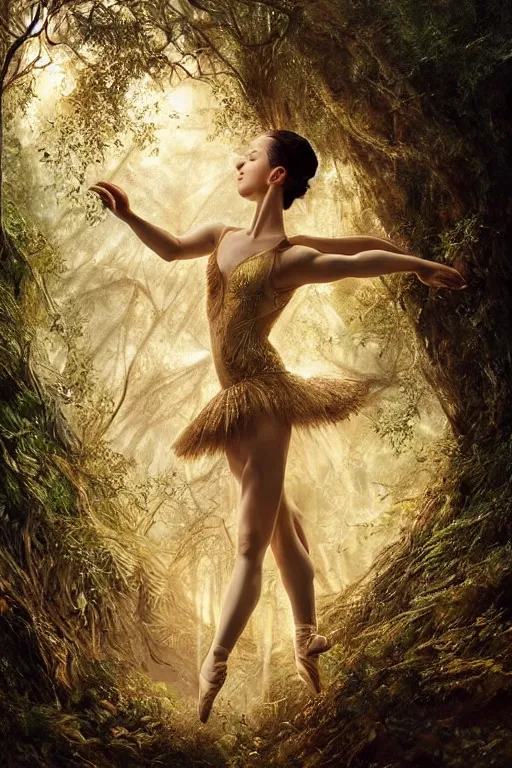 Image similar to stunningly beautiful, turkish prima ballerina in jungle, symmetrical face, golden hour, smooth, focus, highly detailed, hyper realistic, dramatic lighting, elegant, intricate, concept art, art by wlop, mars ravelo, greg rutowski