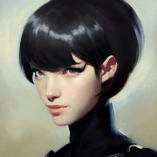 Image similar to greg manchess portrait painting of white pale skinny young girl with black hime haircut as overwatch character, medium shot, asymmetrical, profile picture, organic painting, sunny day, matte painting, bold shapes, hard edges, street art, trending on artstation, by huang guangjian and gil elvgren and sachin teng