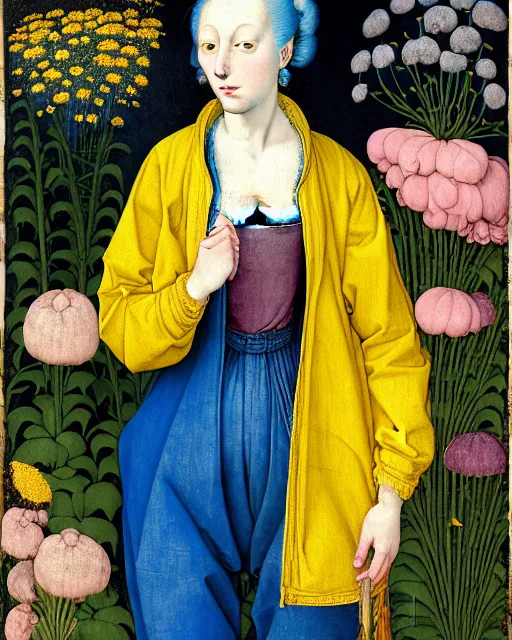 Prompt: portrait of a woman with blue hair buns, wearing a yellow jacket and baggy jeans, standing in a garden full of plants and flowers, intricate details, high detail, in the style of rogier van der weyden and jacopo da pontormo, punk, asian art,