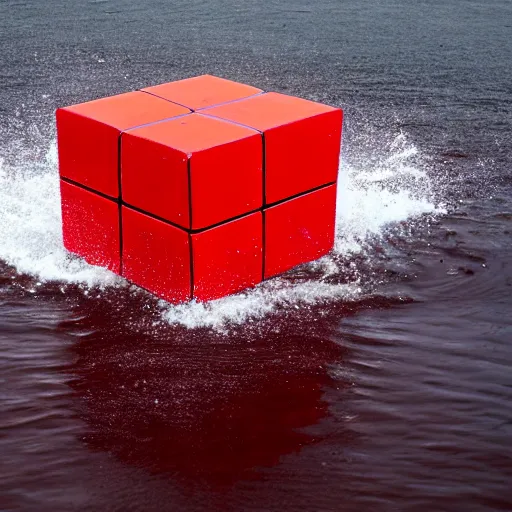 Prompt: a red cube splashing into a turbulent pool of water