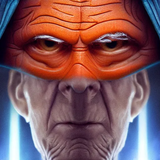 Prompt: portrait of Emperor Palpatine, Orange eyes, circles under the eyes, Star Wars movie Style, photo from the movie