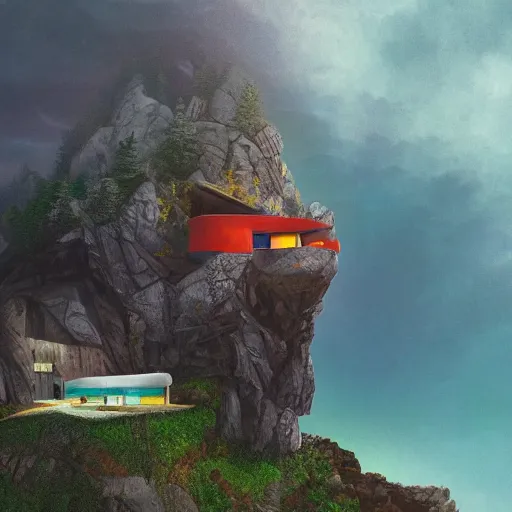 Image similar to a cozy colorful cabin carved into a mountain, view of the ocean, huge waves beneath, dramatic lighting, artstation, matte painting, raphael lacoste, simon stalenhag, frank lloyd wright, zaha hadid, drone view