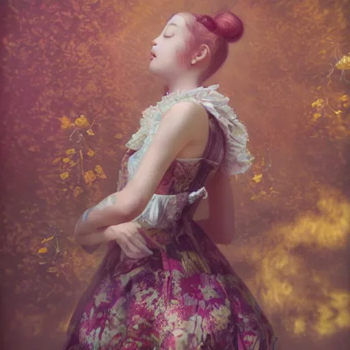 Prompt: 8k, octane render, realism, tonalism, renaissance, rococo, baroque, portrait of a young lady wearing long harajuku manga dress with flowers and skulls standing in a renaissance park, chaotic gold leaf flowers