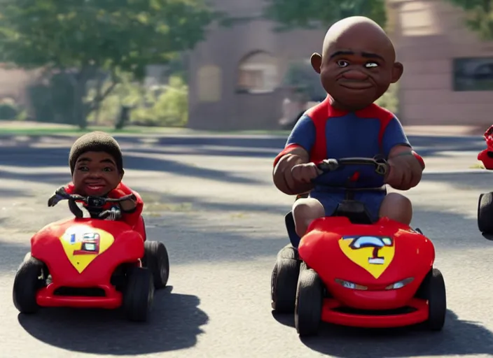 Image similar to peter dinklage racing gary coleman driving a little tikes cars, movie still, from the new fast and furious movie, 8 k, realistic