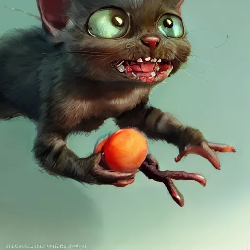 Image similar to An adorable gremlin cat stealing a peach, by Stanley Artgerm Lau, WLOP, Rossdraws, James Jean, Andrei Riabovitchev, Marc Simonetti, and Greg Rutkowski, trending on artstation