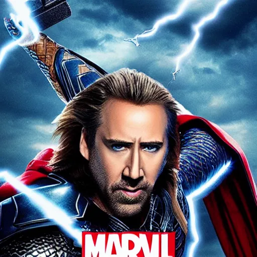 Image similar to nicholas cage as marvel's thor, movie poster