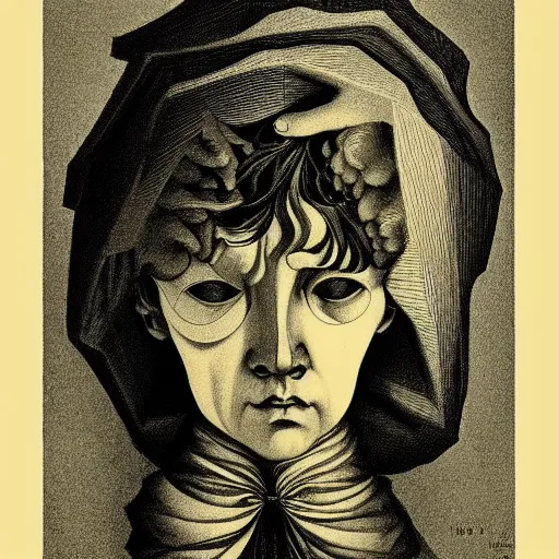 Image similar to lithography on paper conceptual figurative post - morden monumental portrait by goya and escher, illusion surreal art, highly conceptual figurative art, intricate detailed illustration, controversial poster art, polish poster art, geometrical drawings, no blur