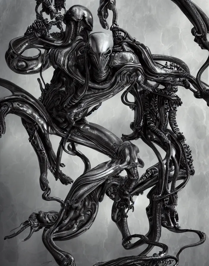 Image similar to engineer prometheus, xenomorph alien, highly detailed, symmetrical long head, smooth marble surfaces, detailed ink illustration, raiden metal gear, cinematic smooth stone, deep aesthetic, concept art, post process, 4k, carved marble texture and silk cloth, latex skin, highly ornate intricate details, prometheus, evil, moody lighting, hr geiger, hayao miyazaki, indsutrial Steampunk