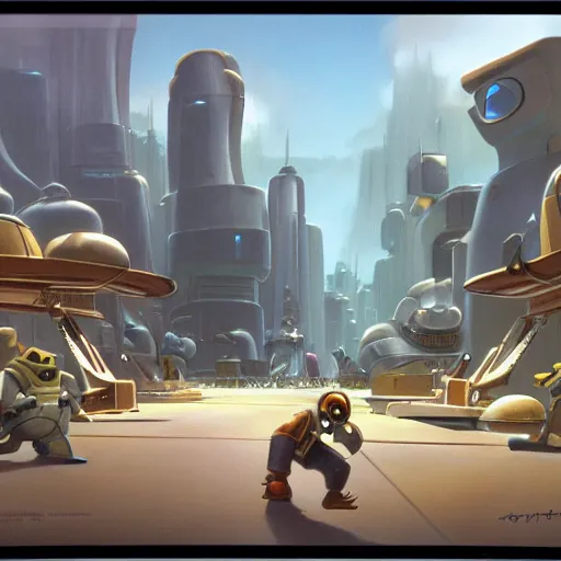 Image similar to ralph mcquarrie concept art for ratchet & clank