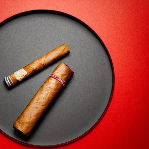 Image similar to cigar with smoke wafting up from it on a red background, logo