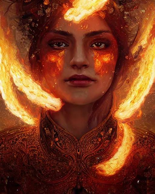 Prompt: a highly detailed portrait of beautiful female pyromancer radiating a majestic fiery aura, ornate royal robes, head and shoulders portrait, intricate, digital painting, old english, raining, sepia, particles floating, whimsical background by marc simonetti, artwork by ramond swanland and liam wong