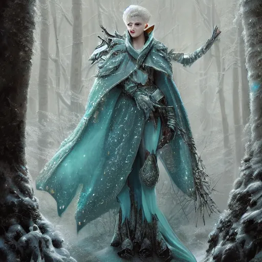 Image similar to an epic concept art of a handsome snow elf in a turquoise cape and glittering silver ornate armour stringing a bow, albino skin, winter vibes, evocative dramatic mood, intricate, elegant, by tomasz alen kopera, sharp focus, octane render, unreal 5, trending on artstation