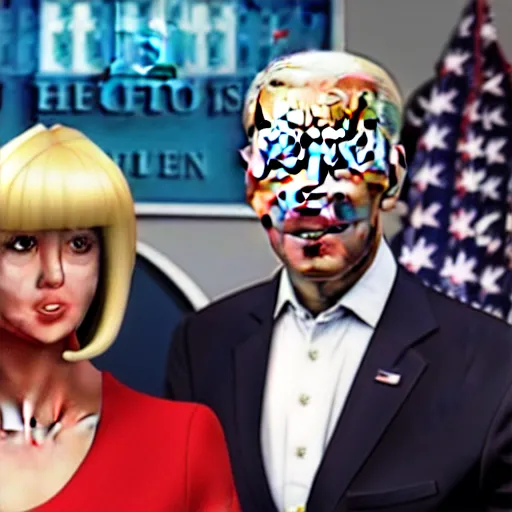 Image similar to photograph of a an alien wearing a blond wig and a red dress and ((Joe Biden)) at a press conference